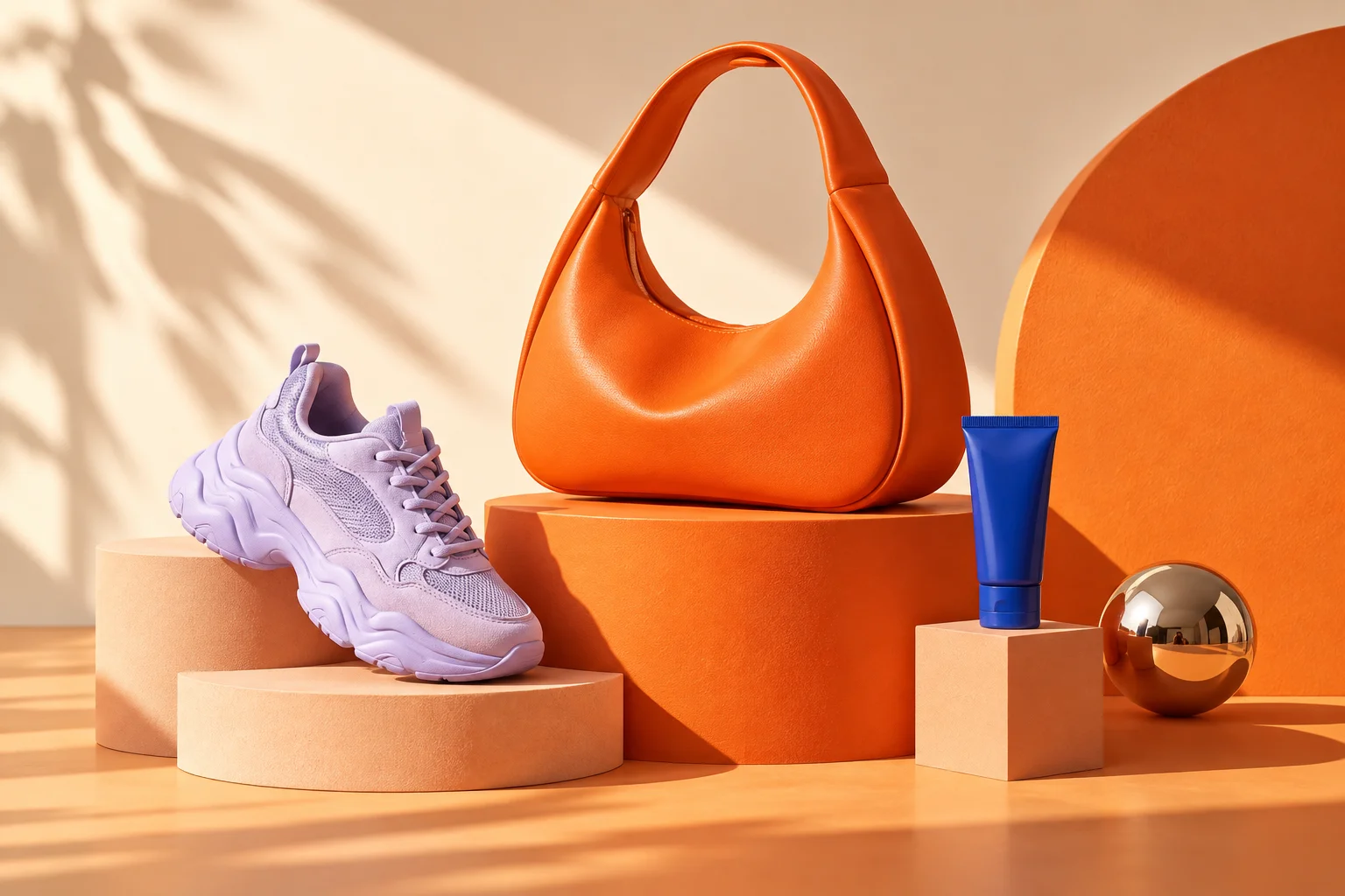 Orange sculptural bag, lavender sneaker and blue skincare tube in a playful studio display