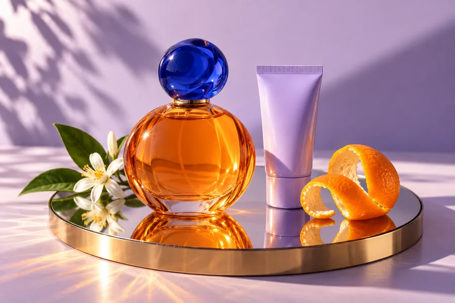 Orange perfume bottle with a cobalt cap and lavender skincare on a mirrored podium