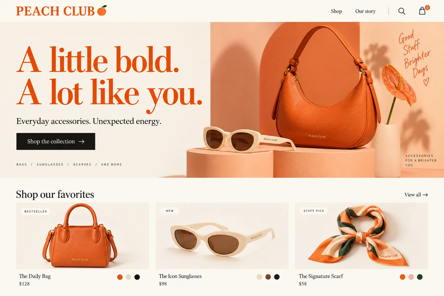 Peach Club accessories storefront with an orange bag, cream layout and editorial serif typography